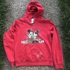 Disney Store Mickey Minnie Red Christmas Hoodie Sweatshirt Presents Snowflakes